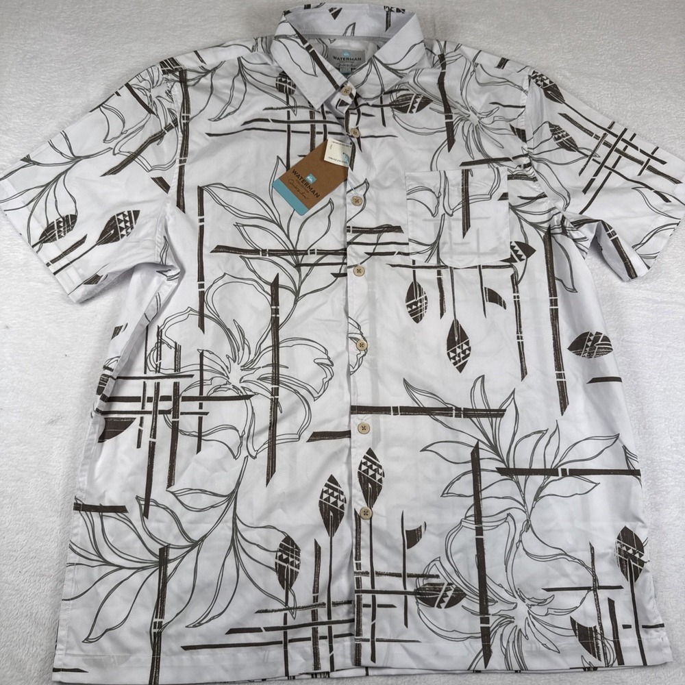 New Mens Quiksilver Waterman Button Up Short Sleeve White Hawaiian Shirt Large